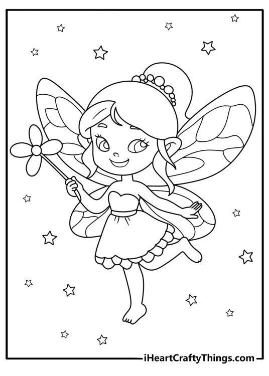 Printable pdf to color featuring cute fairy with butterfly wings and knee length dress surrounded by stars