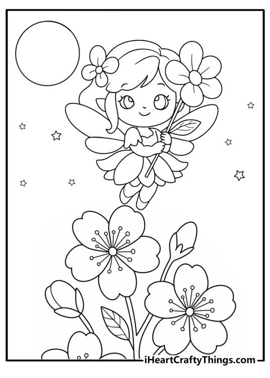Printable pdf to color featuring little fairy hovering above flowers with stars and moon in the background