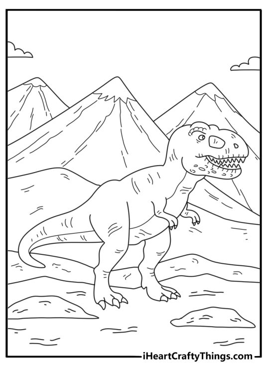 Printable prehistoric coloring page with a tyrannosaurus rex near distant mountains