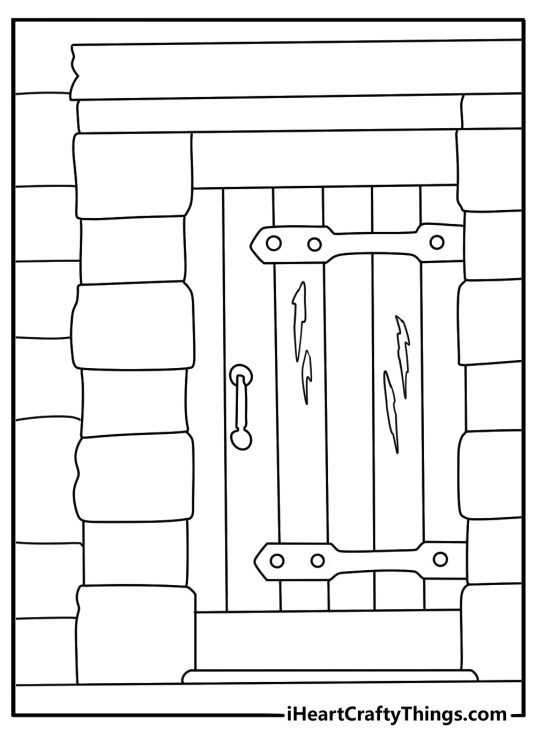 Printable scary scene featuring a locked cellar door with scratch marks