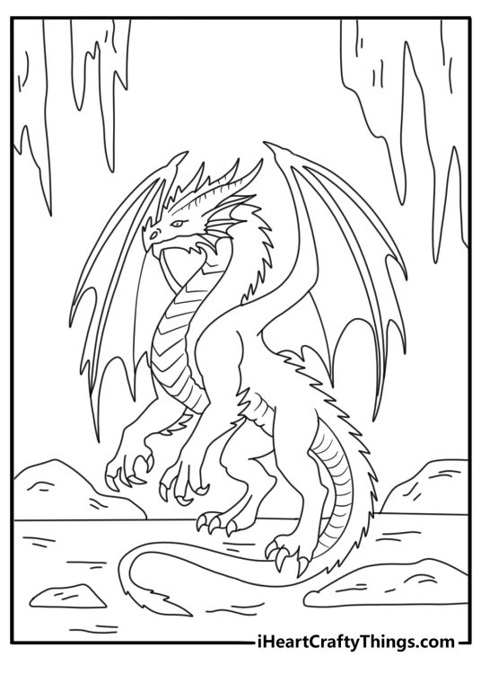 Realistic dragon coloring page for adults with wings around mountain cave