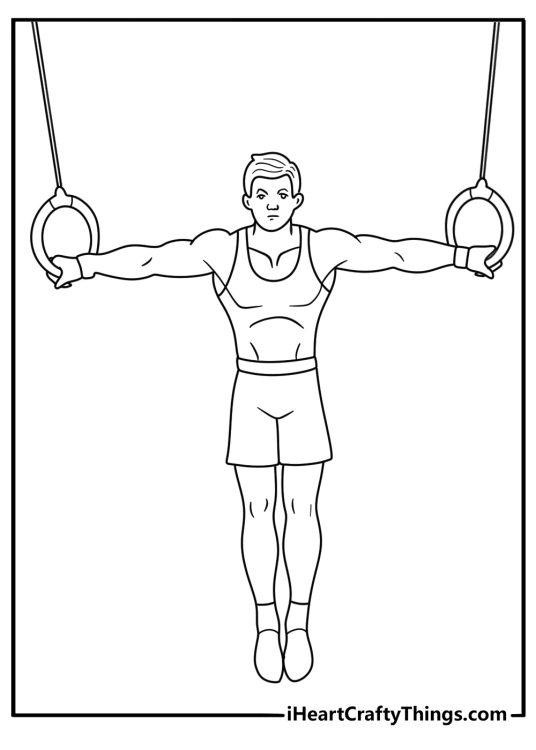 Realistic gymnastics coloring pages showing male gymnast on still rings strength hold