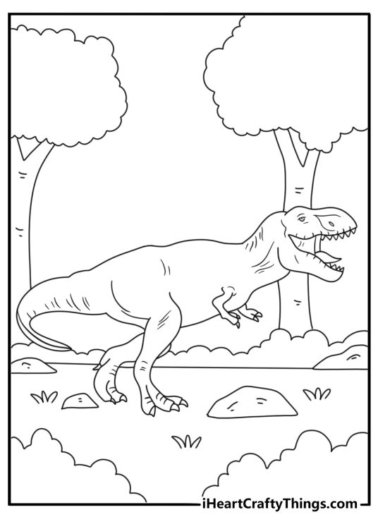 Realistic t rex coloring page with sharp teeth and rough skin in a prehistoric forest