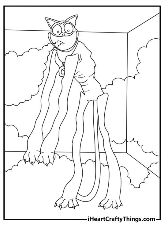 Red smoke fills the room around CatNap in this scary coloring sheet