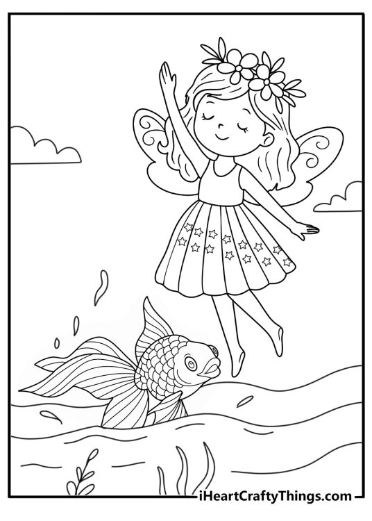 River fairy guiding small fish through water plants coloring page