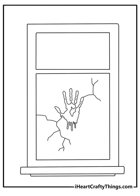 Scary coloring page featuring a handprint on a cracked window