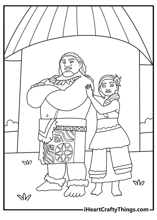Simple Moana coloring sheet with Sina and Chief Tui standing near village huts