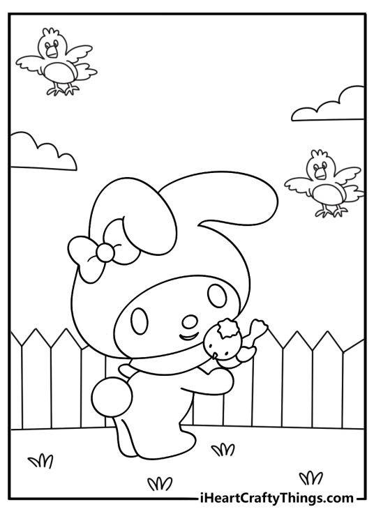 Simple My Melody coloring sheet feeding birds on a fence