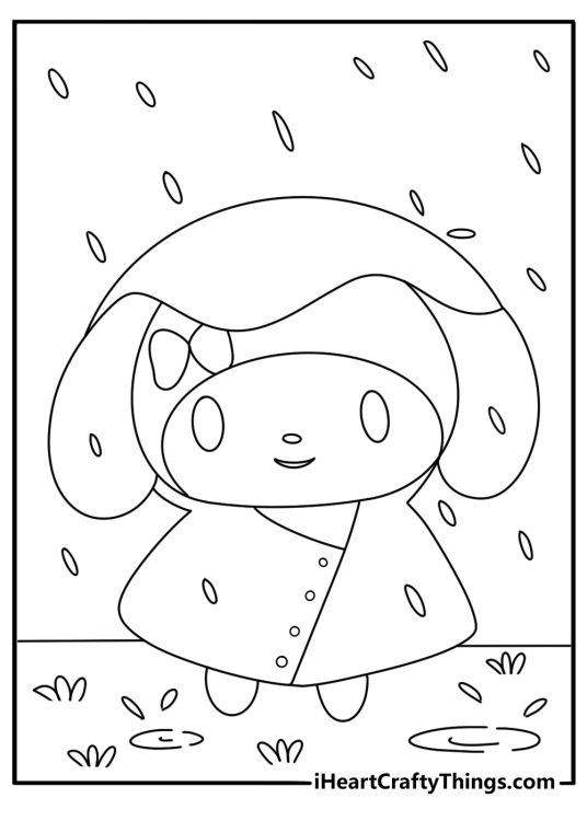 Simple My Melody printable wearing a raincoat under falling drops