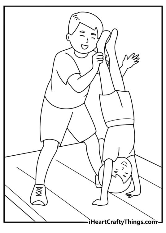 Simple gymnastics coloring sheet of coach guiding child at practice