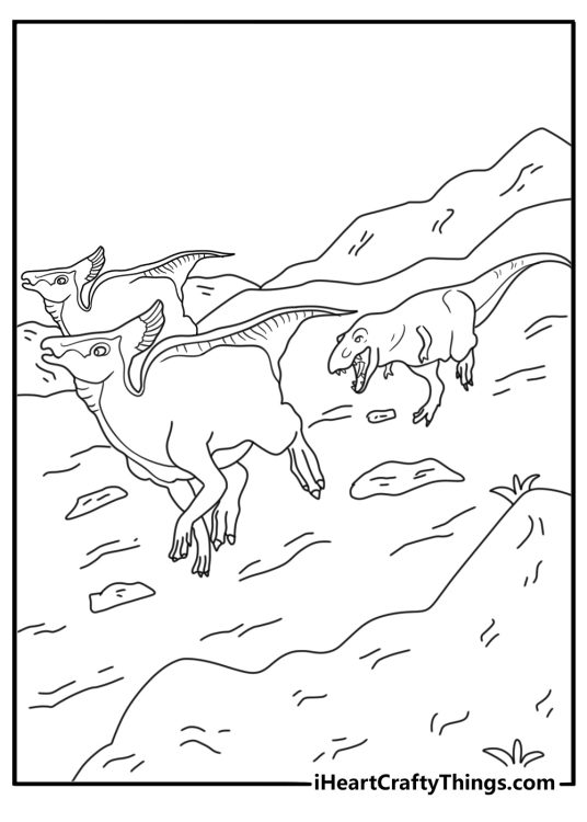 Simple printable of a dinosaur chasing a herd of duck billed dinosaurs