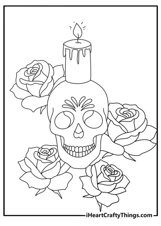 Skull coloring page for adults with roses candles and spiderweb details