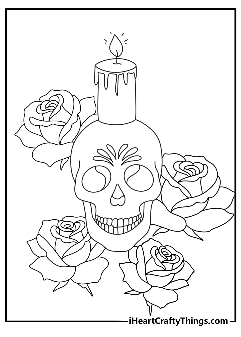 Skull coloring page for adults with roses candles and spiderweb details