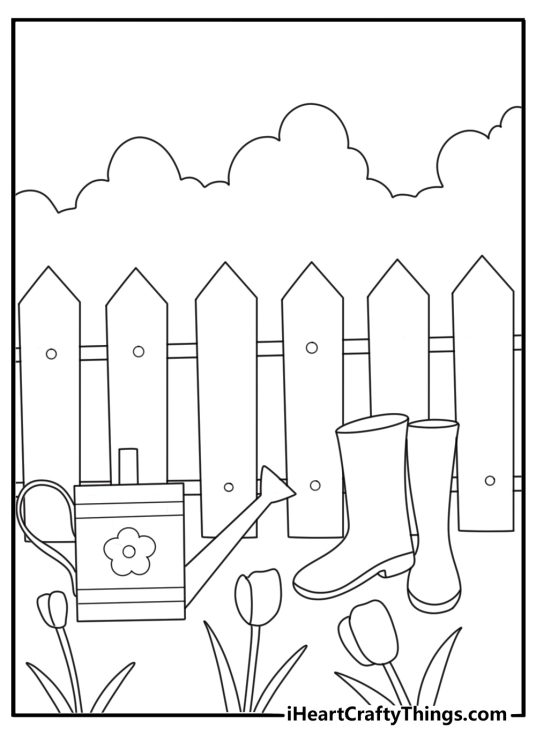 Spring coloring page for adults with rain boots watering can and tulips