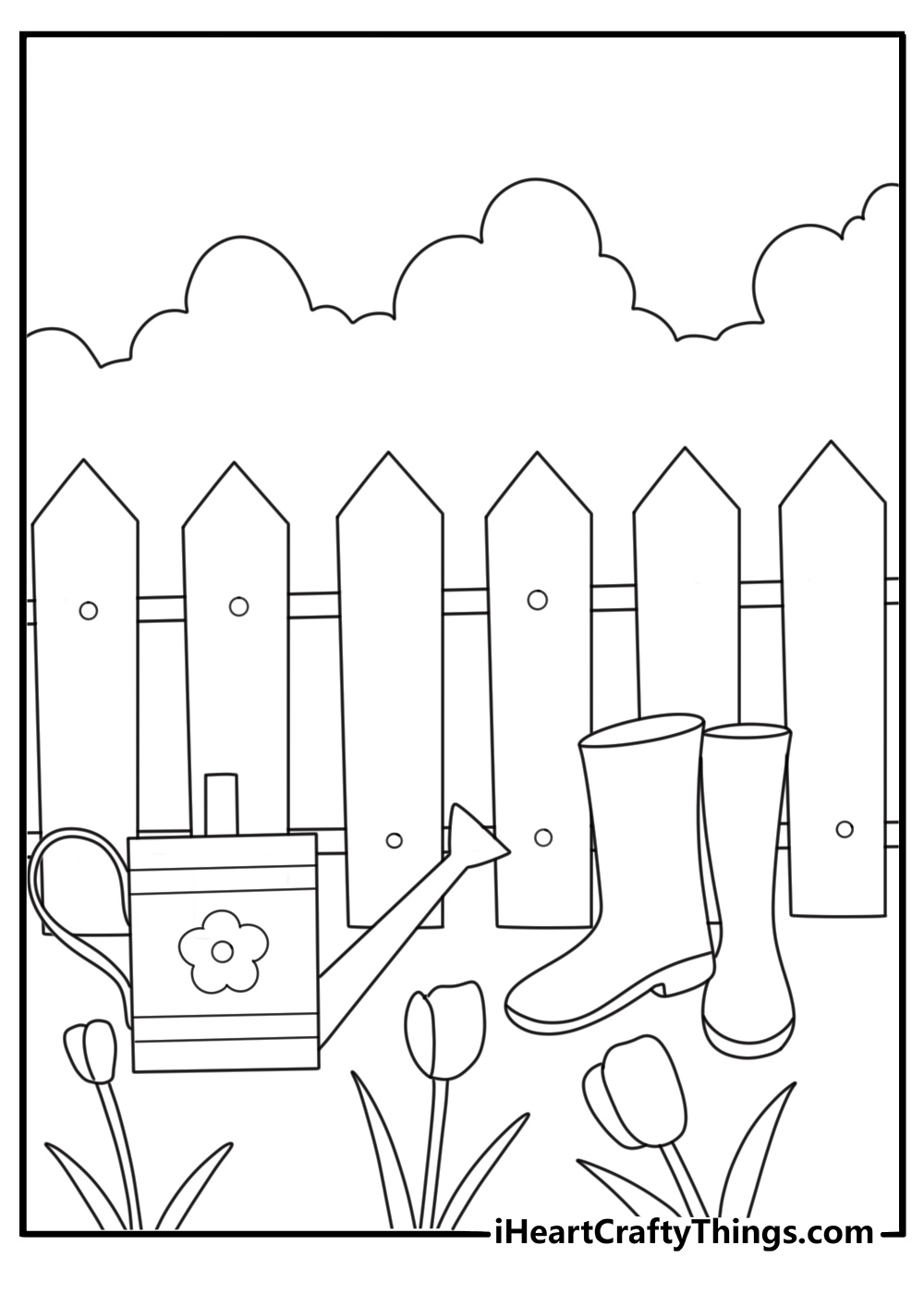 Spring coloring page for adults with rain boots watering can and tulips