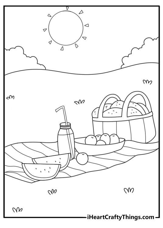 Summer adult coloring page with picnic basket lemonade and watermelon slices
