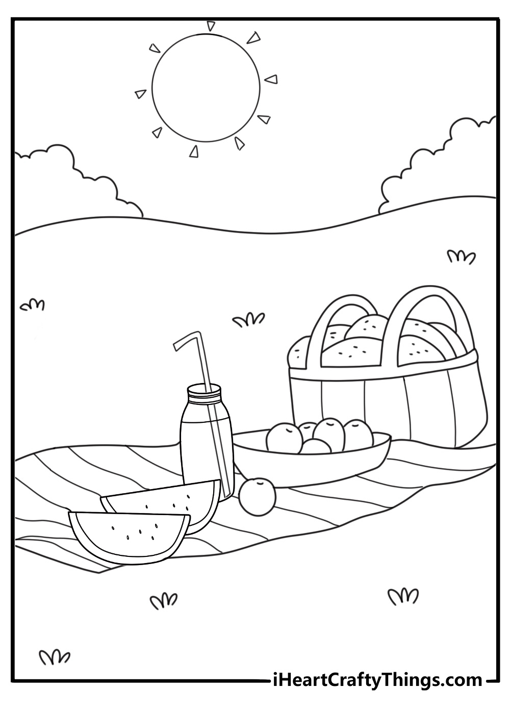 Summer adult coloring page with picnic basket lemonade and watermelon slices