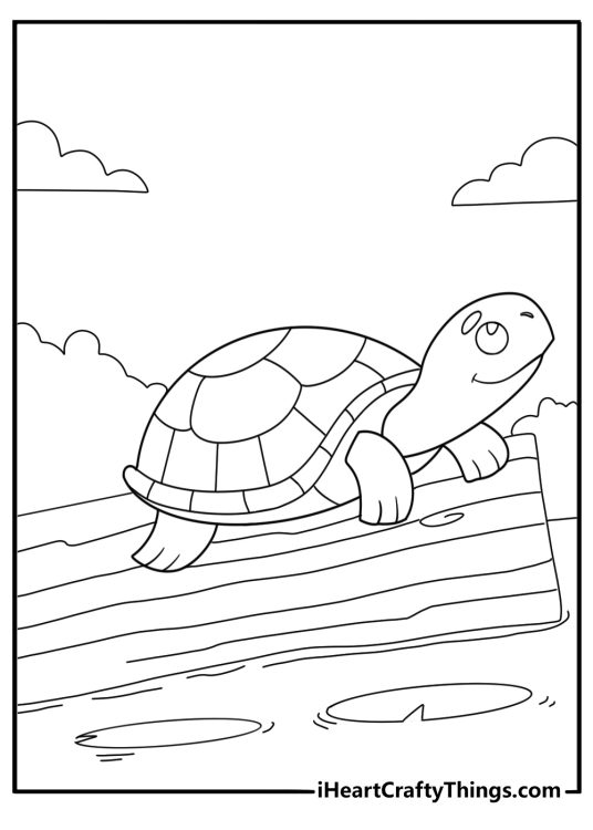 Turtle resting on a log in a calm pond with lily pads easy turtle coloring page