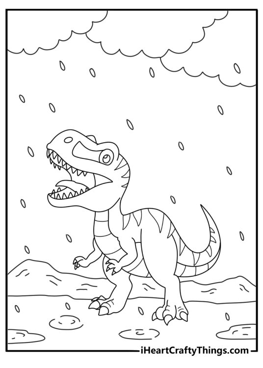 Tyrannosaurus Rex coloring page with a dinosaur in heavy rain under dark clouds
