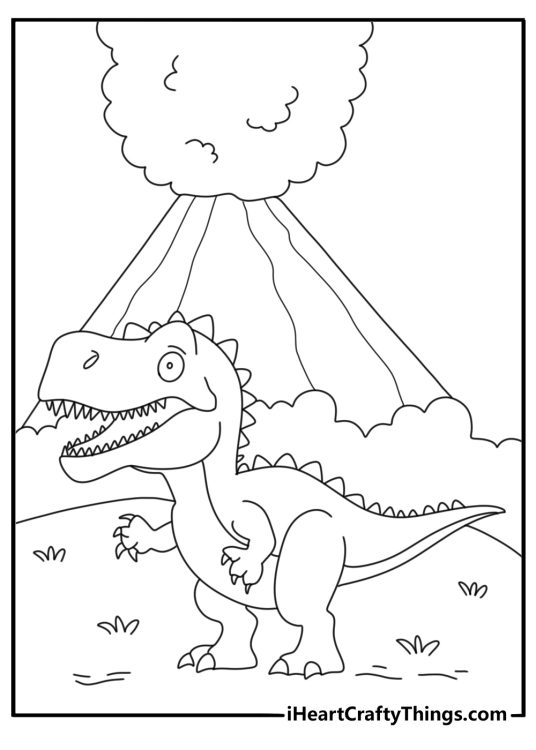 Tyrannosaurus Rex coloring pages scene with a dinosaur near a smoking volcano