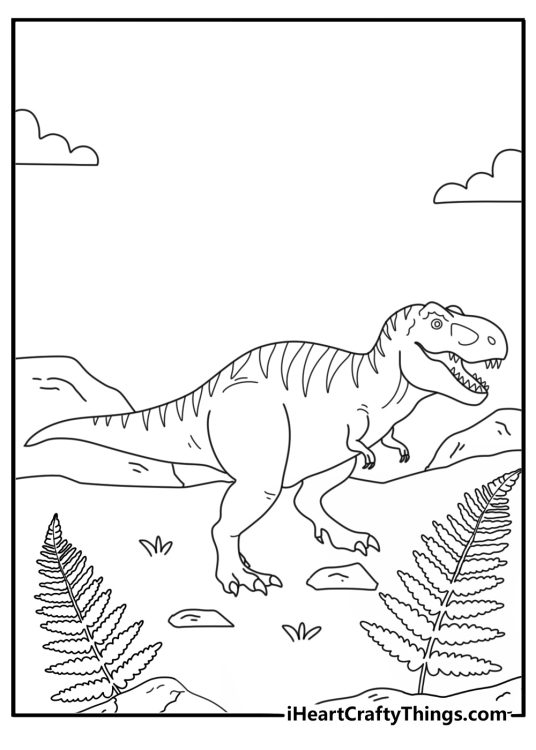 Tyrannosaurus Rex coloring pages with a giant dinosaur walking through fern plants