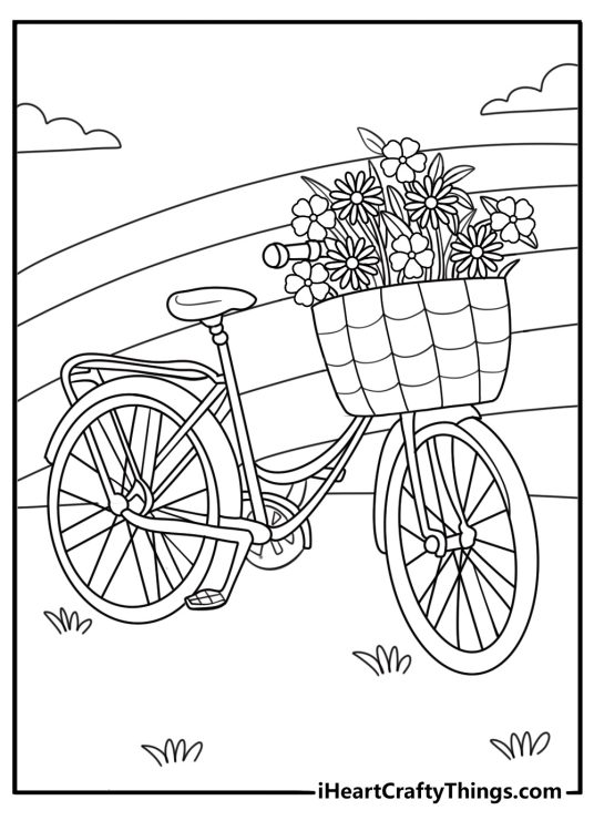 Vintage bicycle with basket of wildflowers printable coloring sheet for adults