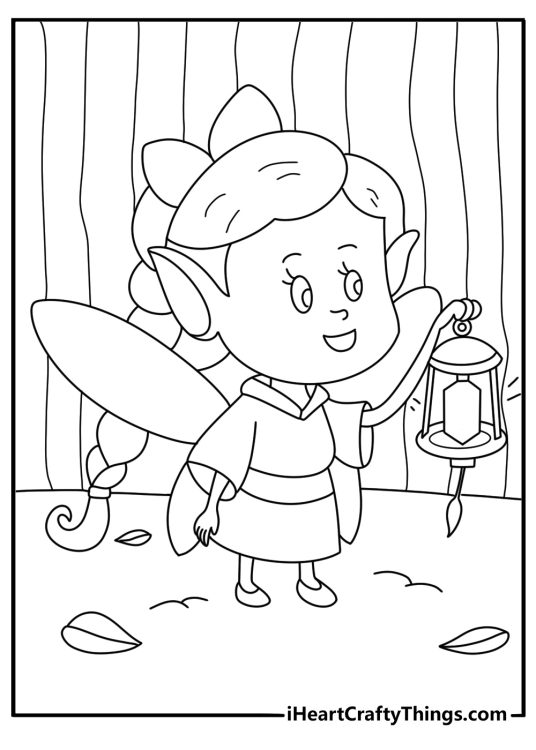 Woodland fairy lighting a lantern inside hollow tree easy coloring page for kids