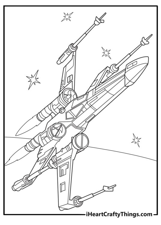 X wing starfighter in Death Star trench run action printable Star Wars coloring sheet