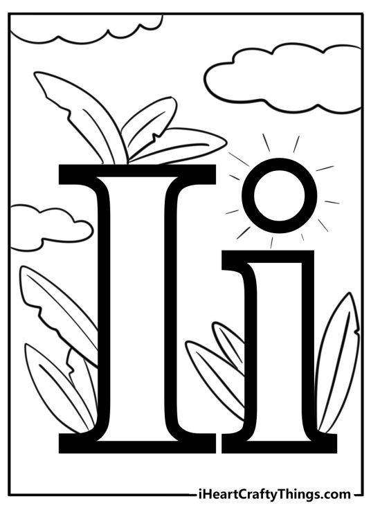 Letter I coloring sheet showing uppercase and lowercase letters as a pair of islands with some foliage