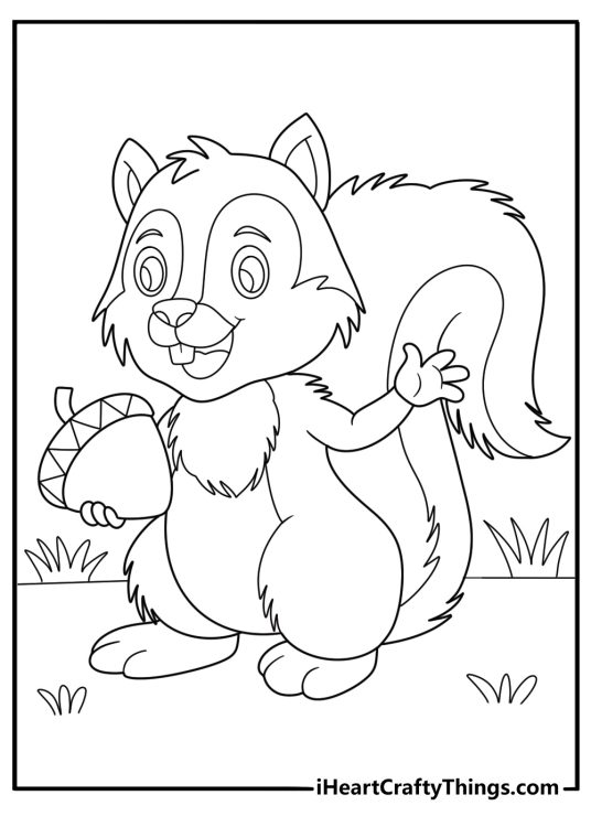 animal coloring page featuring a squirrel holding an acorn