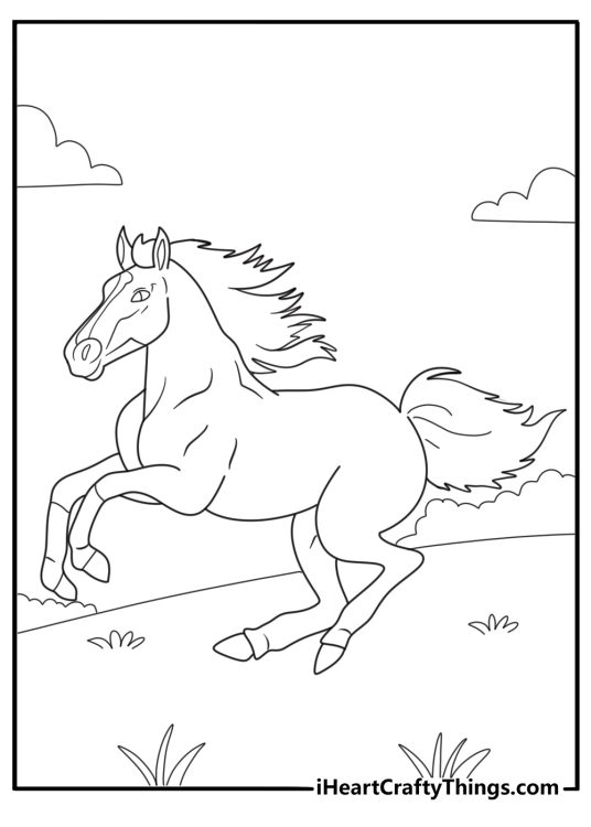 animal coloring page with a detailed horse running across a field