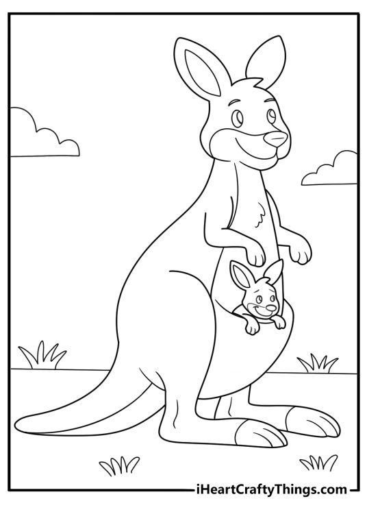 animal coloring sheet with a kangaroo carrying a joey in its pouch
