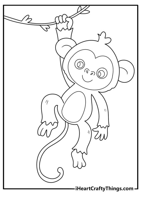 animal coloring sheet with a monkey swinging from a vine