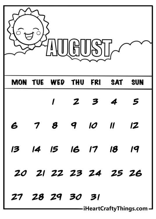 August calendar page with a smiley sun coloring page