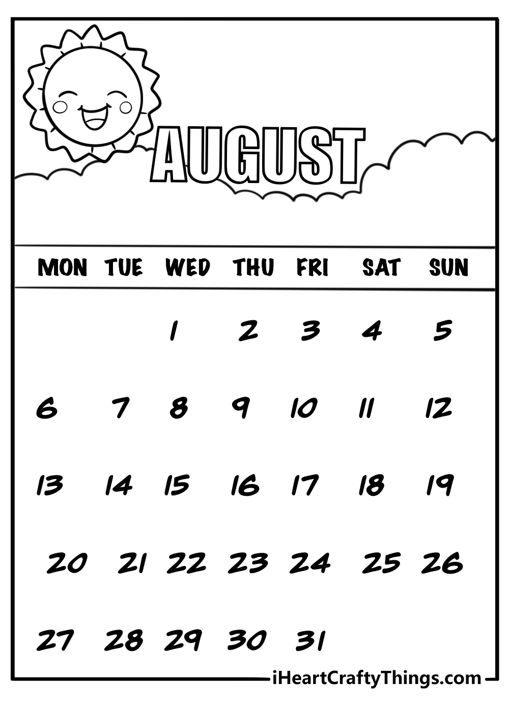 August calendar page with a smiley sun coloring page