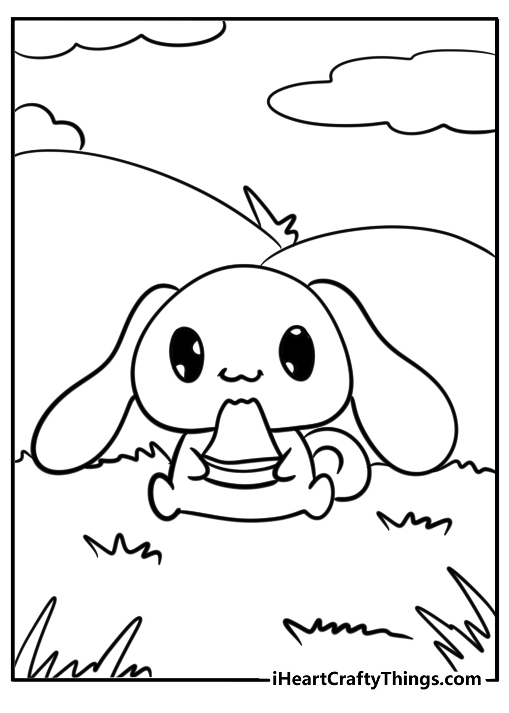 Cinnamoroll coloring page presenting a baby version of Cinnamoroll enjoying a sweet treat surrounded by nature