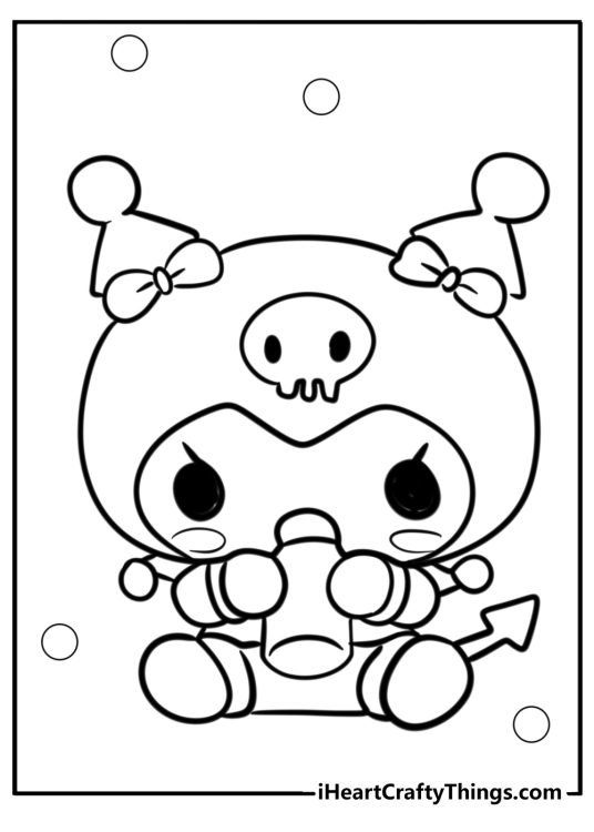 My Melody coloring picture presenting baby Kuromi wearing her skull hat and drinking from a bottle