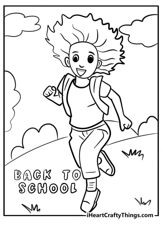 Coloring page of a running kid with a backback and a BACK TO SCHOOL phrase written at the bottom left corner