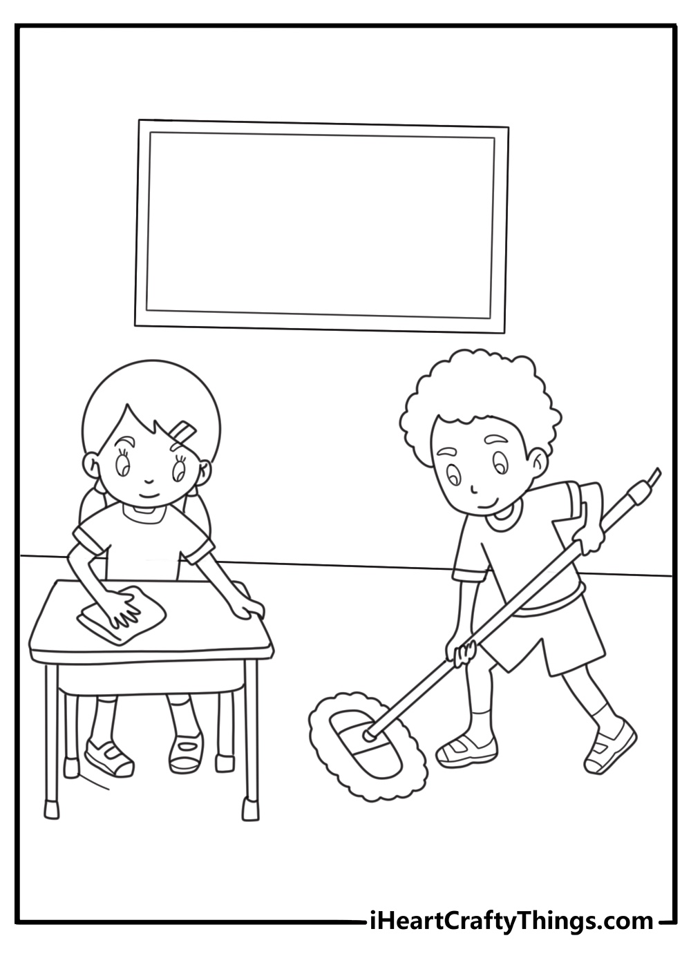 back to school coloring page featuring children tidying up the classroom
