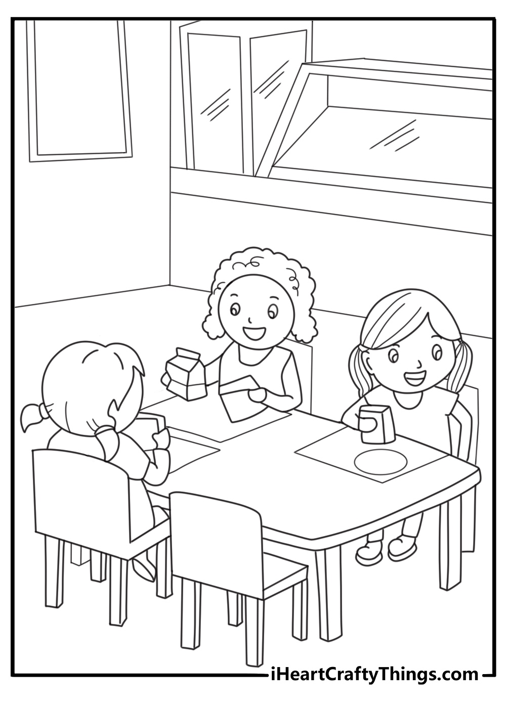 back to school coloring page showing children having lunch in school cafeteria