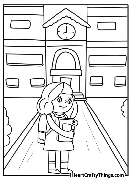 Back to school-themed picture featuring a school girl standing in front of a school building