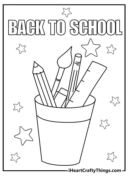 Poster with a BACK TO SCHOOL phrase and some school supplies in a cup surrounded by stars