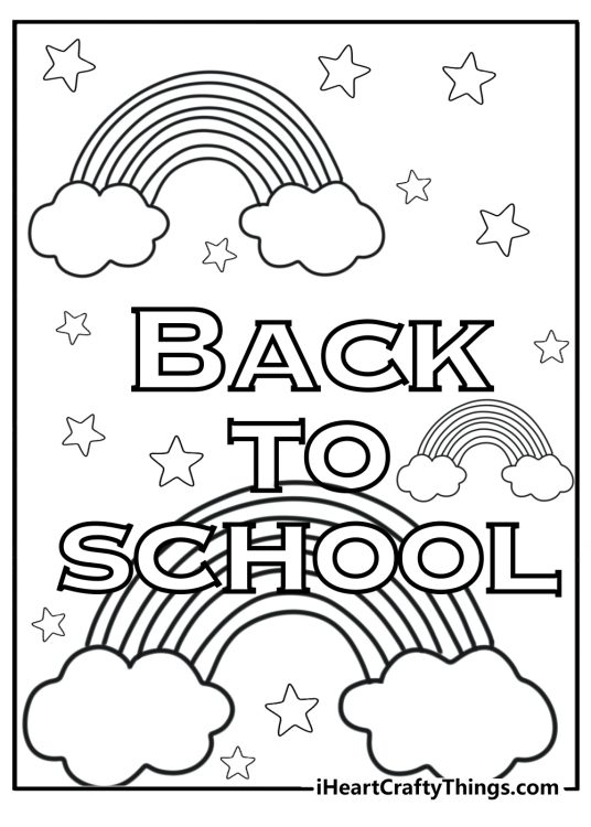 Coloring page with a BACK TO SCHOOL phrase in the centre surrounded by rainbows and stars
