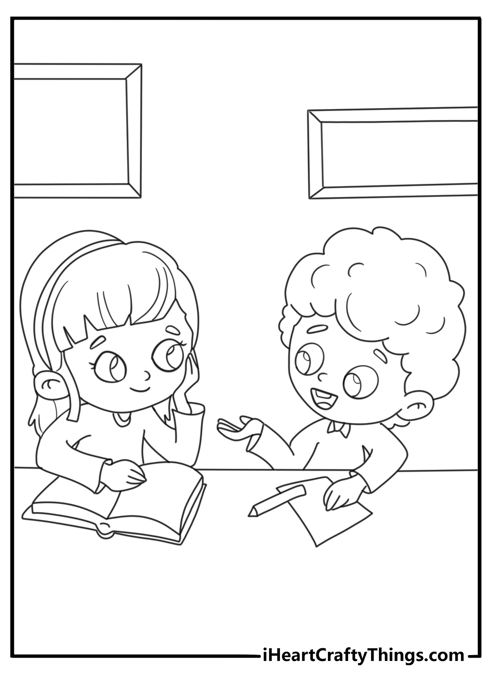 back to school printable coloring page of students collaborating on a project