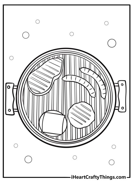 Barbecue grill with hot dogs and burgers coloring page
