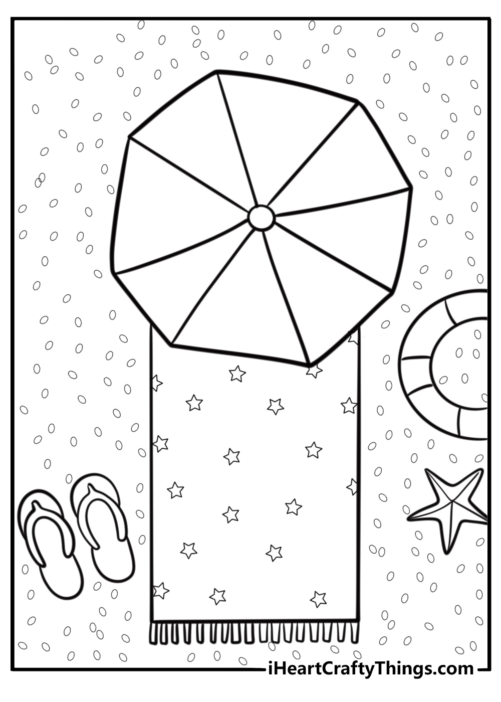 Beach umbrella and towel on the sand coloring page