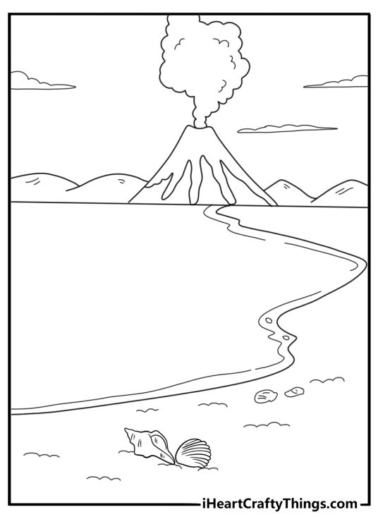 black sand beach printable volcanic shoreline with shells and a distant cone for kids