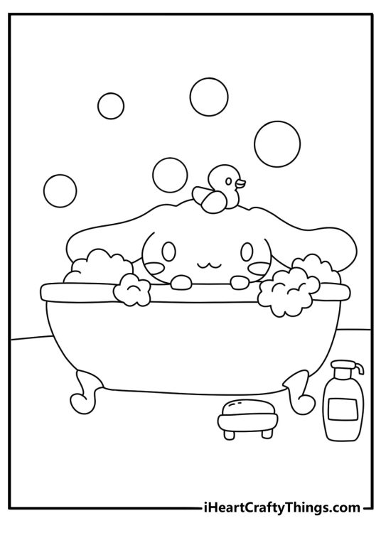 bubble bath surrounds cinnamoroll and his little rubber duck in this coloring page