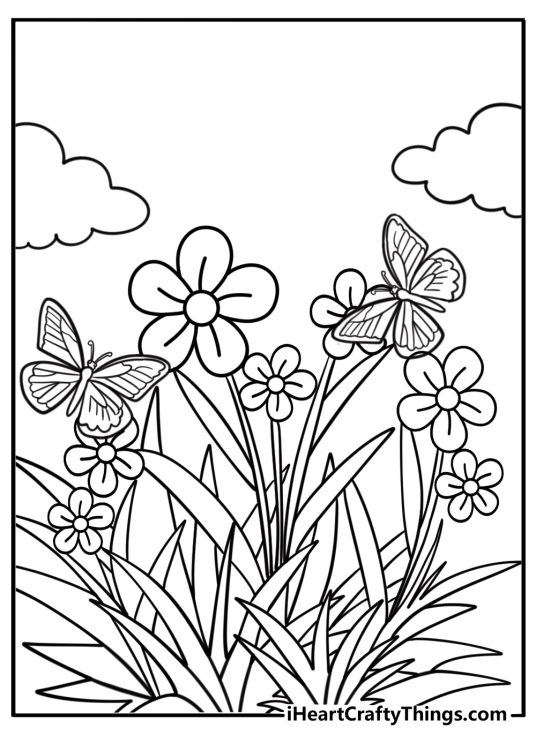 Butterflies flying over blooming flowers coloring page