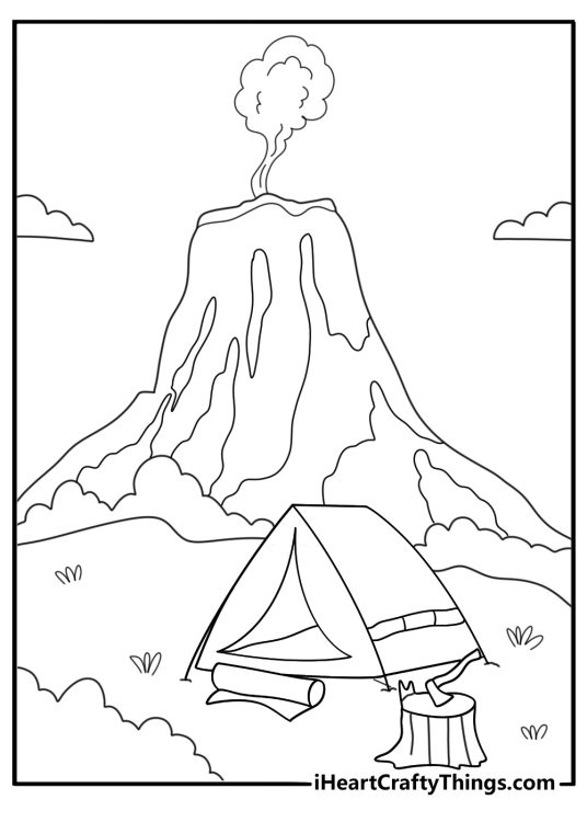 camping near dormant volcano coloring page tent and trees at a safe distance for kids printable